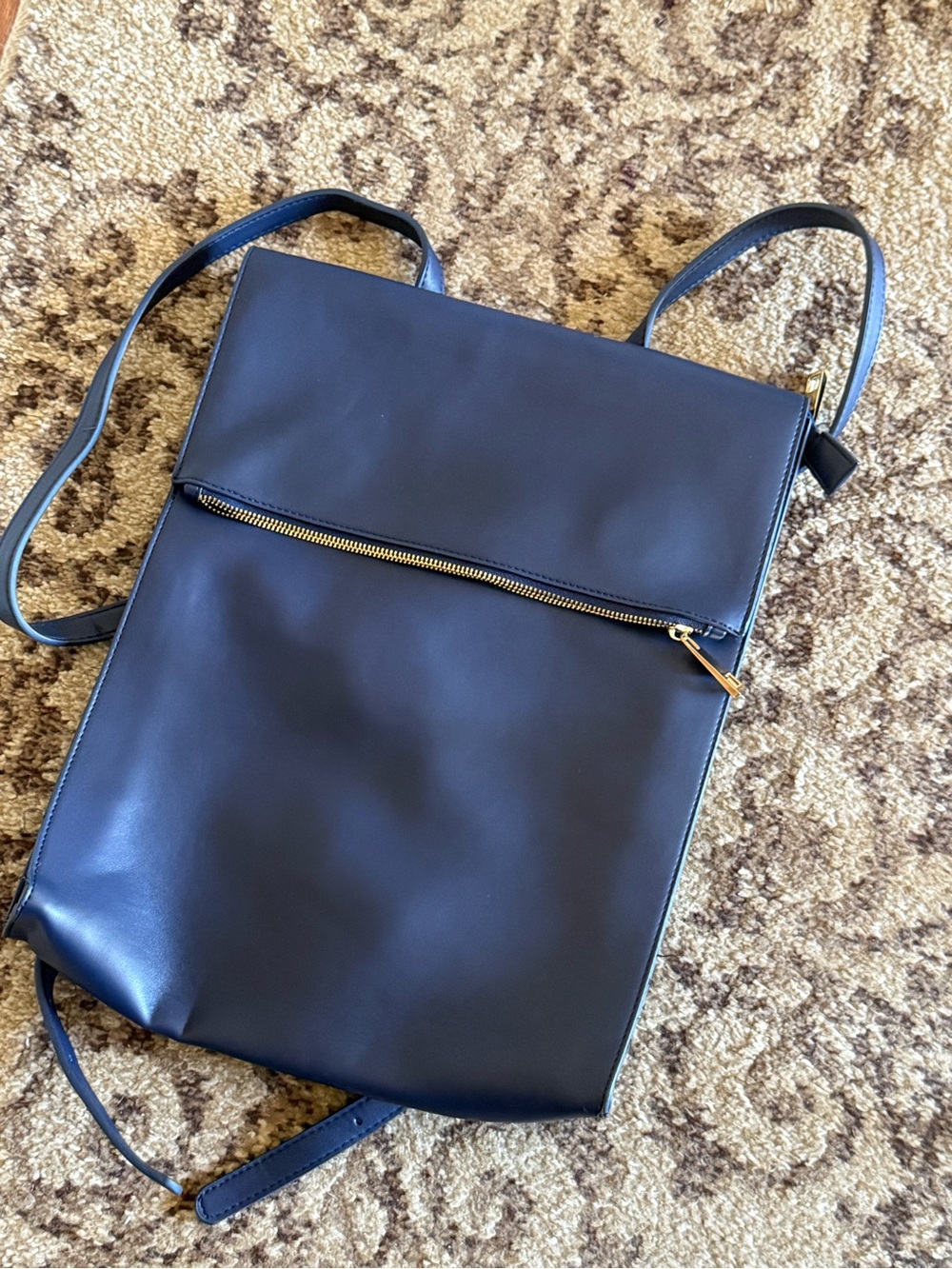 summer & rose Navy Blue Slim Leather Backpack with Gold Zipper